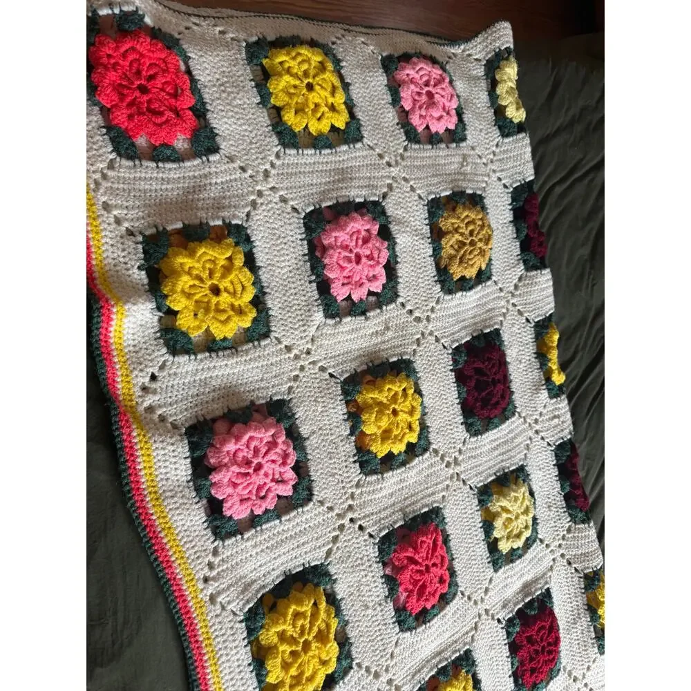 Vintage Granny 3D Rose Square Crochet Afghan Blanket Multi Color Handmade Flower